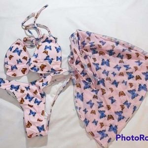 NWT 3 pc Pink Butterfly Bikini Swimsuit with Sheer Sarong sz S